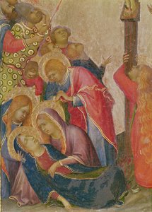 パネル上のヴァージンテンペラ周辺のグループのランスストライクの詳細 作： Simone Martini